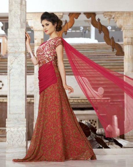 Pista green lycra net gown with a fancy salmon pink wrap around only on  Kalki